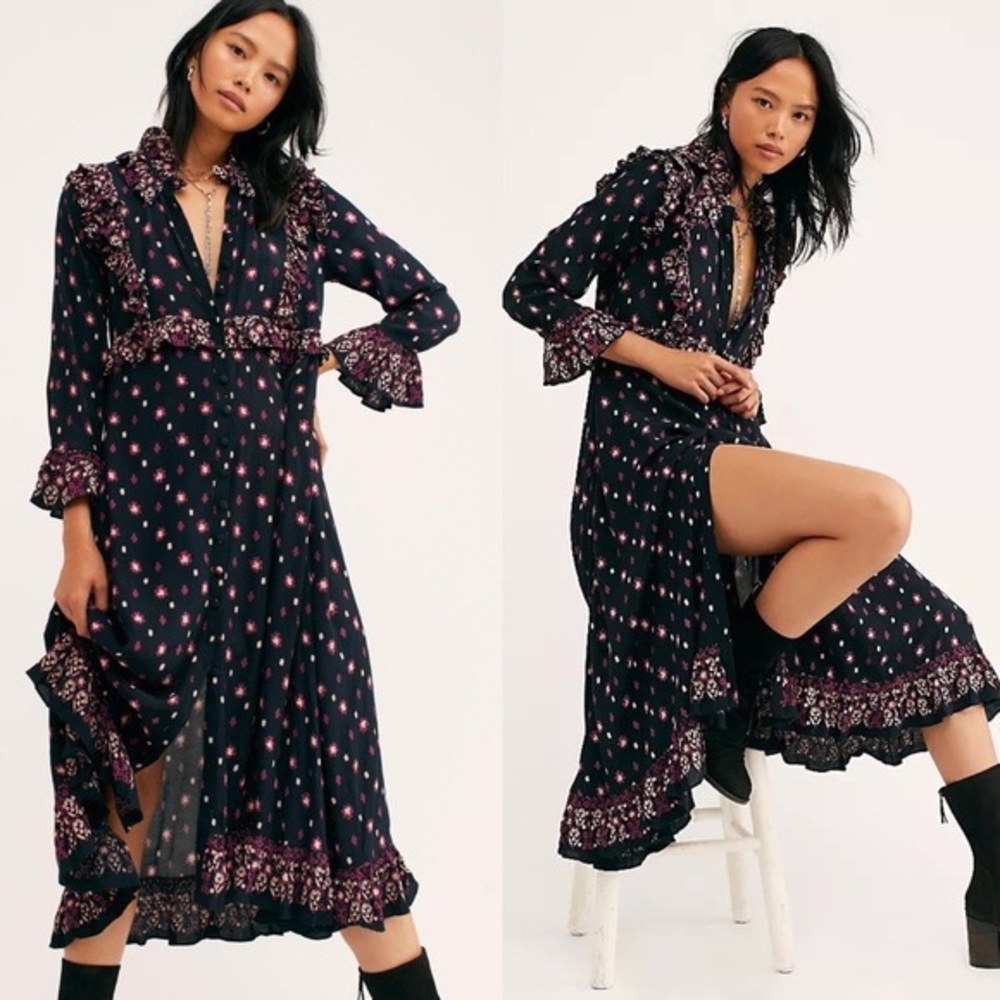 Free People Floral Ruffle Button Front Cottagecore Black Purple Maxi Dress